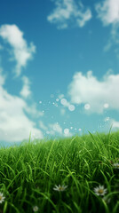 Fototapeta premium Serene Green Meadow and Blue Sky with Radiant Sunlight