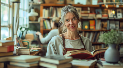 Serene Mature Woman Enjoying Literature in a Cozy Bookstore