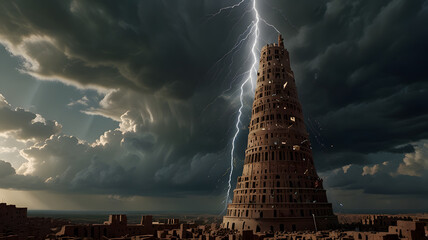 A towering structure reaching towards the heavens, representing the Tower of Babel, with scattered bricks and unfinished sections symbolizing the confusion of languages. From Old Testament Genesis