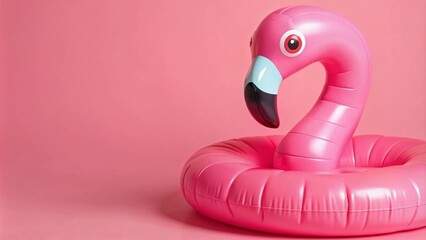Fototapeta premium Giant inflatable Flamingo on a pink background, pool float party, trendy summer concept, banner background with copy space
