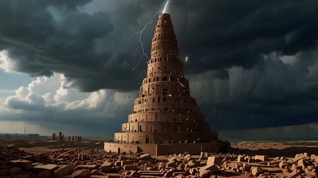 A towering structure reaching towards the heavens, representing the Tower of Babel, with scattered bricks and unfinished sections symbolizing the confusion of languages. From Old Testament Genesis