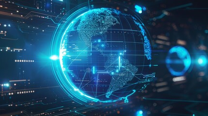 Obraz premium A holographic globe displaying energy flows between countries, techsavvy, glowing blue, digital illustration
