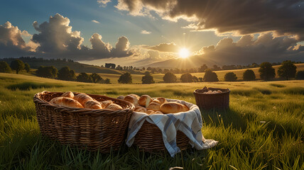 Bible story of Jesus' miracle concept of the loaves and fishes used in the miracle of feeding the 5,000, with a basket overflowing with barley loaves and small fish set on a grassy hillside.
