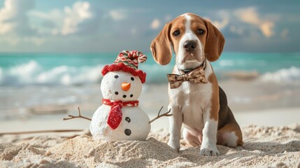 A dog is sitting on the beach next to a snowman