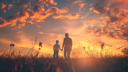 Fototapeta premium Silhouettes of Father and Children at Sunset in Field
