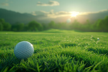Serene Golf Ball on Lush Green Course with Sparkling Sunlight