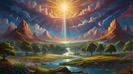 River of Life in Revelation Biblical scene, flowing through the New Jerusalem, crystal-clear water winding through a lush landscape of fruit-bearing trees and blooming flowers. The water reflects gold