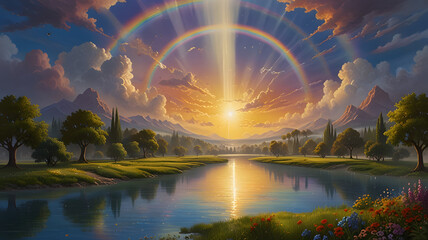 River of Life in Revelation Biblical scene, flowing through the New Jerusalem, crystal-clear water winding through a lush landscape of fruit-bearing trees and blooming flowers. The water reflects gold