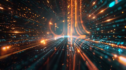 Obraz premium Abstract digital illustration of a futuristic tunnel or wormhole with swirling lights and energy patterns in shades of blue, orange, and gold.