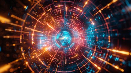 Obraz premium Abstract digital illustration of a futuristic tunnel or wormhole with swirling lights and energy patterns in shades of blue, orange, and gold.