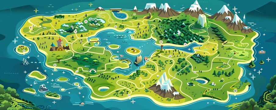 Colorful fantasy map illustration of an imaginary island with mountains, forests, lakes, and castles, perfect for adventure and game designs.