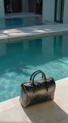 a black bag sitting on the ground next to a pool
