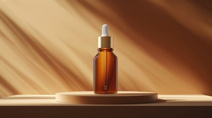 Naklejka premium Mockup of glass bottle with dropper for hair and skin care serum packaging on brown background in sunlight rays Cosmetics container on platform branding concept