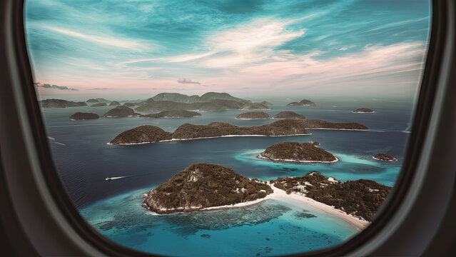 Fototapeta Photo of indoor to outdoor plane window to see down paradisiac islands