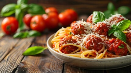 Traditional spaghetti with meatballs, great for culinary blogs and Italian dining themes