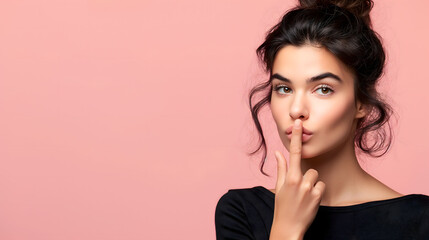 Fototapeta premium Woman Making Silence Gesture on Soft Pink Background