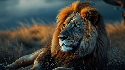 Naklejka premium Majestic lion resting in the African wilderness, AI Generative.