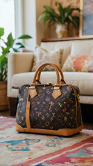 a close up of a louis vuitton bag on a rug in a living room