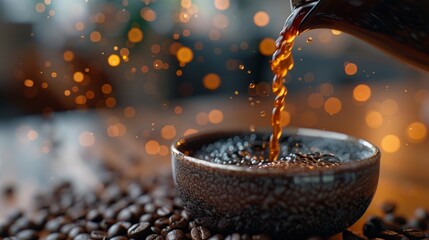 Pouring hot coffee into a cup, ideal for coffee shops and breakfast promotions