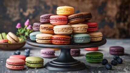 Colorful macarons in various flavors, ideal for pastry shops and French dessert promotions
