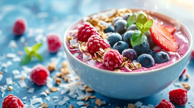 Smoothie bowl topped with granola and fruits, perfect for health food blogs and breakfast promotions