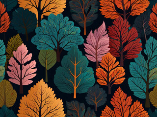 Seamless pattern forest trees autumn season in minimalist style, repeating tiling illustration
