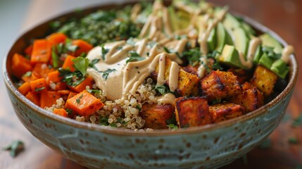 Nutritious Buddha bowl with quinoa and veggies, great for promoting healthy lifestyle and vegan diet