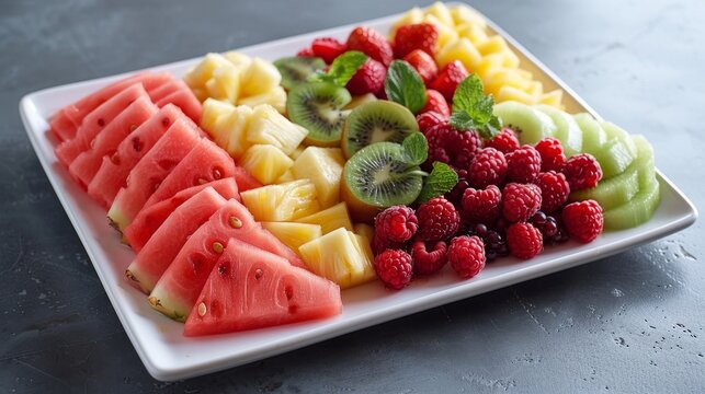 Colorful fruit platter with watermelon, pineapple, kwi and raspberries