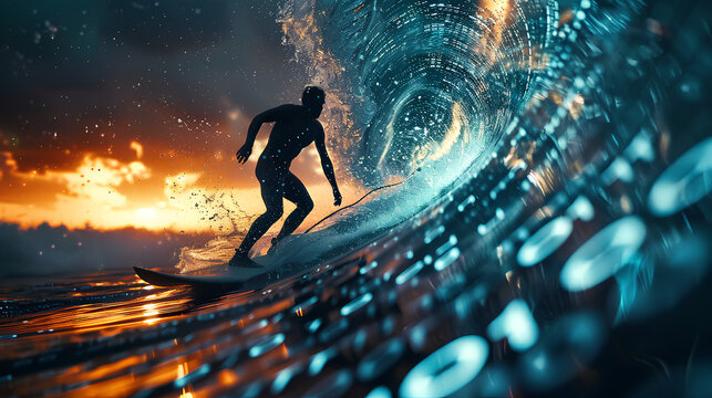 Businessman surfing the digital wave of binary numbers, a silhouette symbolizing navigating the digital world