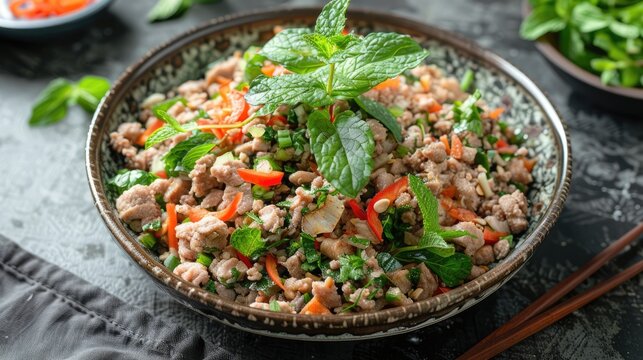 Thai larb salad with minced chicken and fresh mint leaves