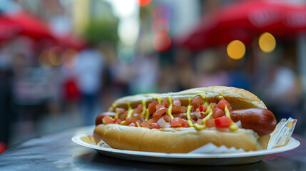 An image captures a hot dog with a blurred street scene in the background, highlighting the delicious details of the street food