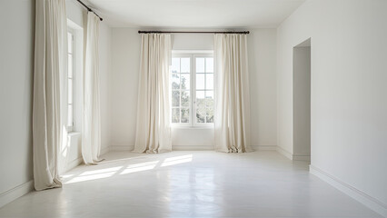 white room with white floor with white wall and white curtains on the window