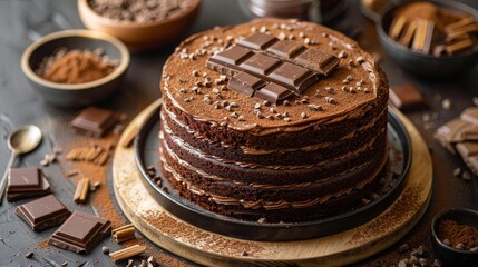 Gourmet chocolate cake with rich frosting, ideal for dessert blogs and special occasions