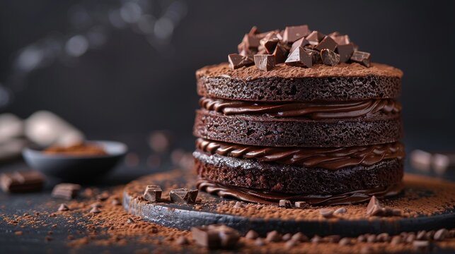 Decadent chocolate cake with rich frosting layers, perfect for dessert menus and bakery promotions