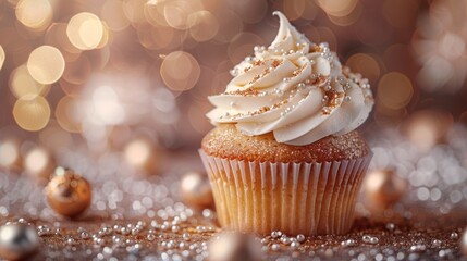 Detailed shot of beautifully decorated cupcake, perfect for bakery promotions and dessert menus