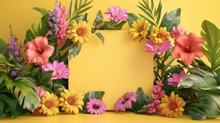 3D spring floral archway mockup with a blank sign and vibrant flowers
