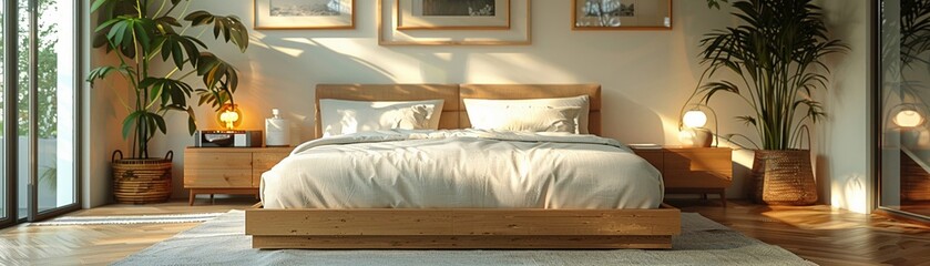 Modern bedroom neutral colors three wall frames soft bedding natural light minimalist decor