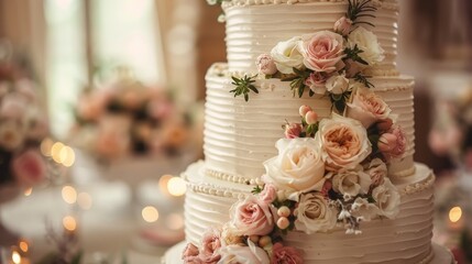 Elegant wedding cake with detailed decoration, ideal for bakery menus and wedding promotions