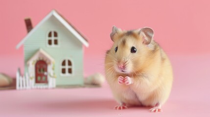 Adorable hamster exploring on pastel background with a miniature house