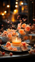 Romantic table setting with candles and flowers. Selective focus.
