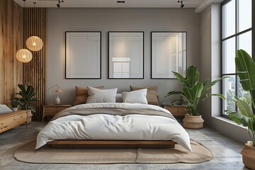 Modern bedroom neutral colors three wall frames soft bedding natural light minimalist decor