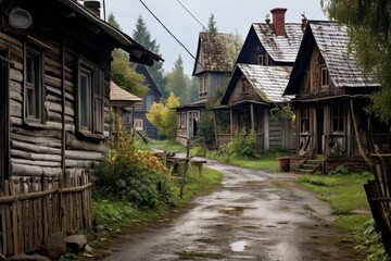 Quaint, damp village street lined with weathered wooden homes in a serene countryside setting