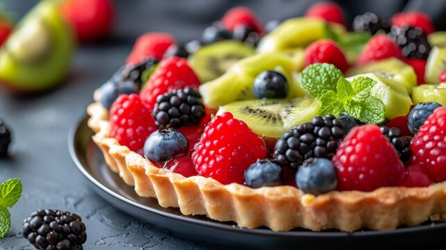 Gourmet fruit tart with fresh fruits, great for promoting dessert menus and bakery items