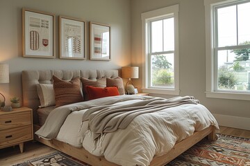 Modern minimalist bedroom neutral bedding three framed artworks light wood side table bright ambiance