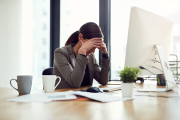 Woman, employee and stress on computer in office for internet or online error with research for...