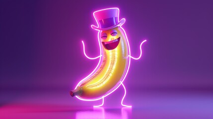 Dancing neon banana with a top hat, purple background, vivid colors, energetic pose