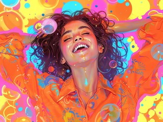Fototapeta premium Girl in buttonup pajamas, playful smile, neon orange and blue, energetic and colorful illustration