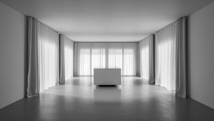 white room with white floor with white wall and white curtains on the window