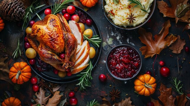 Holiday meal with Thanksgiving turkey, great for promoting festive dinners and family gatherings