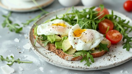 Modern brunch setting with avocado toast and poached eggs, ideal for café menus and brunch promotions